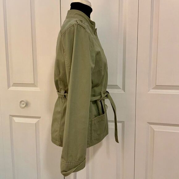French Cuff Sage Green Button Front Cotton Belted Utility Jacket Medium - Picture 7 of 11